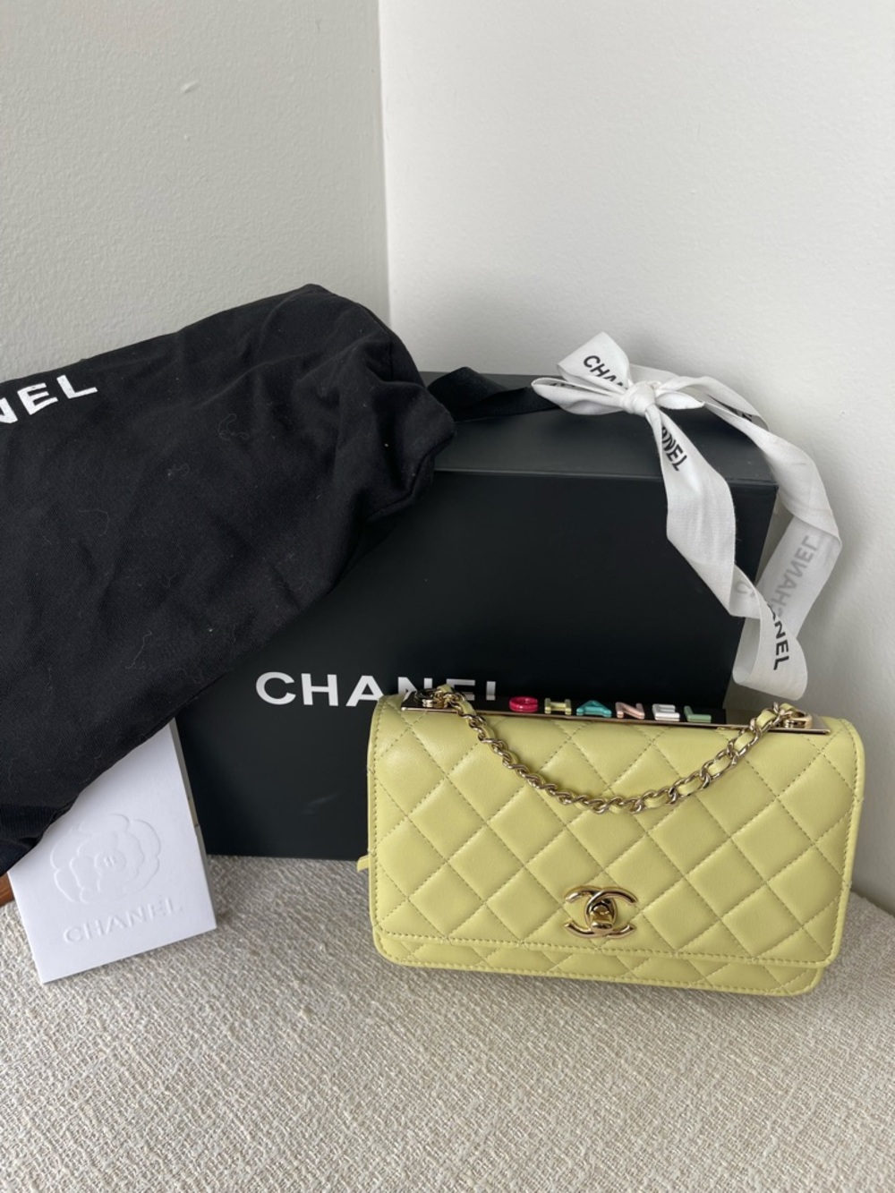 CHANEL Quilted Leather Wallet On Chain WOC Yellow & Gold Trendy CC Flap Bag Rare
